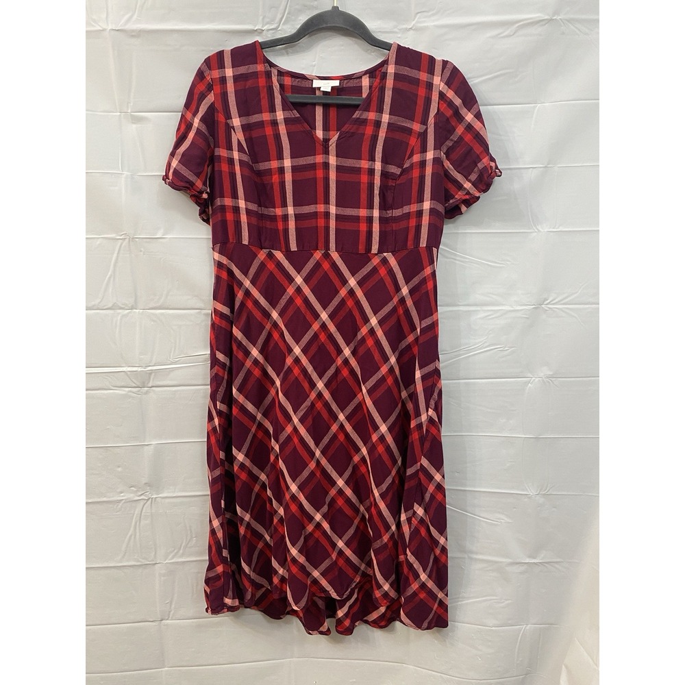 J Jill Red Plaid Empire Waist Short Sleeve High Low MIDI Dress Size M Petite